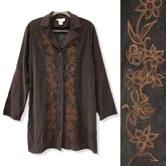 SUSAN GRAVER Vintage Faux Suede Brown Embroidered Button Front Coat, Size L - Picture 1 of 16